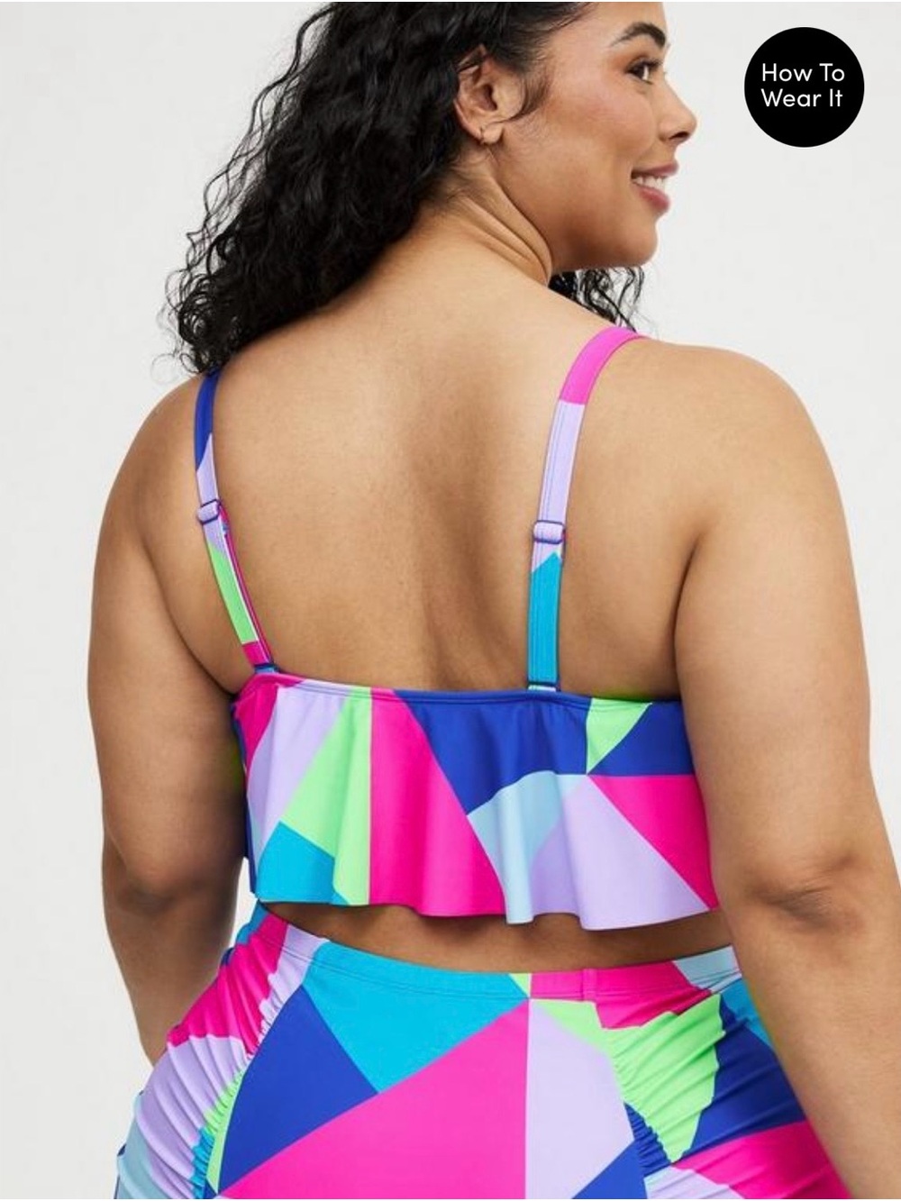 Torrid Geometric Color Block Flounce Swim Crop Top - Bright Multicolor - Picture 5 of 6
